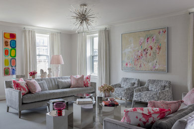 Living room - transitional formal carpeted and gray floor living room idea in Boston with white walls