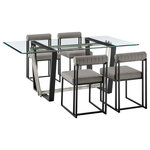 Armen Living - Kai Anastasia Rectangular Glass Dining Table 5pc Set, Light Gray Faux Leather - Give a sophisticated upgrade to your dining area with the Kai Anastasia Dining Set by Armen Living. This set includes 1 Kai Rectangular Glass Dining Table with Metal base and 4 Anastasia Upholstered Dining Chairs. The crisp and clean-lined design of our dining set offers modern drama and elegance. The rectangular, glass tabletop beautifully balances on a streamlined metal base. The sharp angles and contrasting finishes lend a touch of polish and definition to our dining table. It serves as a brilliant complement to our Anastasia dining chairs. The Anastasia's cushioned backrest and padded seat showcase a neat channeling detail that provides texture for a chic and inviting look. Creating a beautiful contrast with the sleek frame and comfortable cushions, these dining chairs are set to make a stylish impact. The chair is upholstered in performance fabric or smooth faux leather to offer easy care and maintenance. Together, this dining set can bring an elevated tone to your kitchen, dining room, or living space. It serves as the perfect spot to enjoy dinners, engaging conversations, and activities. With sturdy construction and high-quality materials, our dining set will continue to bring style and comfort to your home. The Kai Anastasia 5 Piece Rectangular Glass Dining Table Set is available in matching finishes and a variety of colors, or sold separately to achieve any look you desire.