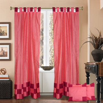 4 Pc Set Indian Sari Curtains & Cushion Covers - Boho Tab Top  - Peach 96"
