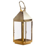 Serene Spaces Living - Serene Spaces Living Brass Finish Steel & Glass Square Lantern, 16"& 5.5" - You'll love the simple square shape and beautiful warm gold color of this metal lantern. It has clear glass panels with a magnetic door. The classic square shape & neutral color makes it perfect for various d̩cor styles like modern, vintage, rustic, beach or farmhouse. Use this lamp as a decorative centerpiece for indoor fall decor, to light up the home at Christmas, as a hurricane candleholder lantern for outdoor garden parties. Sold individually, it measures 16" Tall & 5.5" Square and fits up to a 4-inch diameter pillar candle. CLEANING INSTRUCTIONS - Wipe with a wet cloth gently to clean the glass panels and metal frame to maintain its shiny look. Serene Spaces Living specializes in creating accent pieces made with love that will look great anywhere in your home.