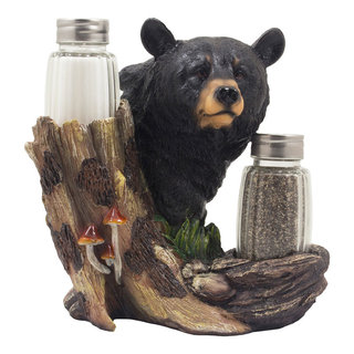 Black Bear Bust Salt and Pepper Shaker Set, 3-Piece Set - Rustic