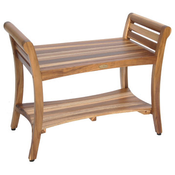 EcoDecors EarthyTeak Symmetry 29" Teak Shower Bench With Shelf And LiftAide Arms