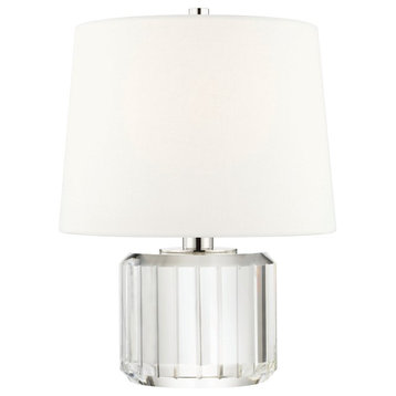 Hague 1-Light Round Table Lamp, Crystal Base With Nickel Accent, Linen Shade