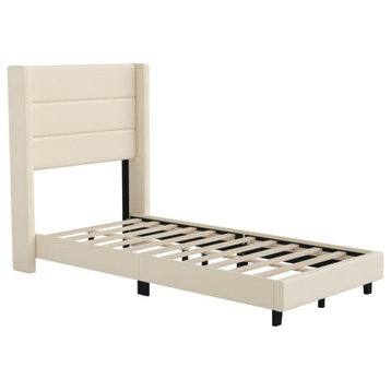 Hollis Upholstered Platform Bed with Wingback Headboard w/Mattress Foundation, Beige, Twin