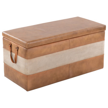 Cobbler Storage Bench, Camel Leather and Beige Canvas
