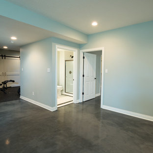 Modelo de sótano en el subsuelo ecléctico, grande, con paredes azules y suelo de cemento