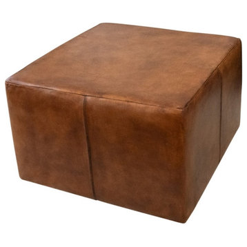 Kailey Mid-Century Modern Square Genuine Leather 27.5" Ottoman in Tan