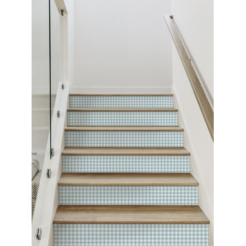 Gingham Check Peel and Stick Stair Riser Strips, Dusky Blue, 48"w X 6.5"h, 6 Pack