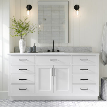 Ariel Hepburn 67" Rectangular Sink Bath Vanity, White, 0.75" Carrara Marble