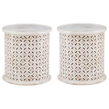 Home Square Wood Hand Carved Accent Table in White - Set of 2