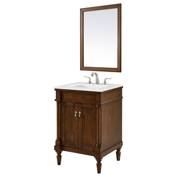 24" Single Bathroom Vanity, Walnut With Ivory White Engineered Marble