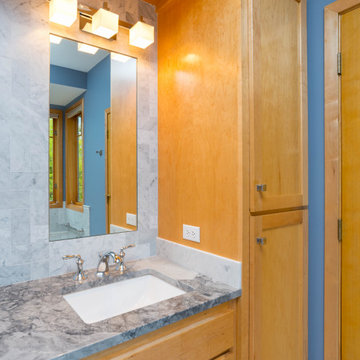 Traditional Carrara Marble Primary Bath Refresh With Maple Vanity