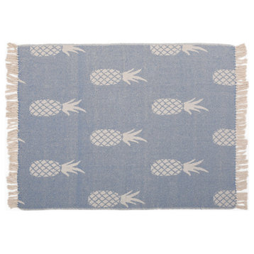Fleming Boho Handcrafted Cotton Throw Blanket, Blue/Natural
