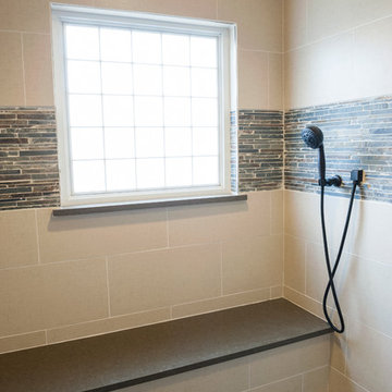 Shower with Bench, Porcelain Tile, and Oil Rubbed Bronze Handheld Showerhead
