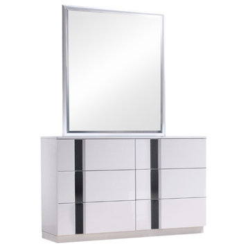 J&M Furniture Palermo Dresser With Mirror, White Lacquer and Chrome