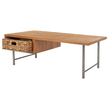 Contemporary Coffee Table, Open Design With Wooden Top and Rattan Drawer, Brown