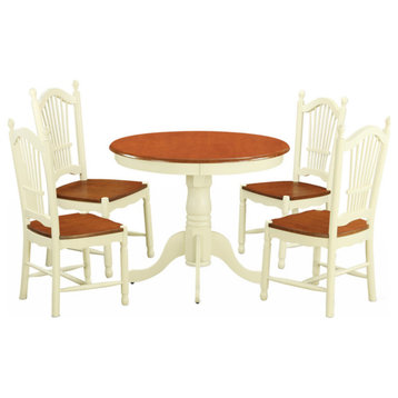 5 Pieces Dining Set, Traditional Design With Round Table & Slatted Back Chairs