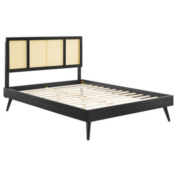 Modway Kelsea Cane and Wood King Platform Bed With Splayed Legs