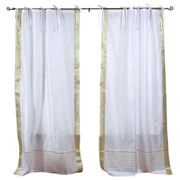White with Gold Tie Top Sheer Sari Curtain / Drape / Panel -43W x 84L-Pair