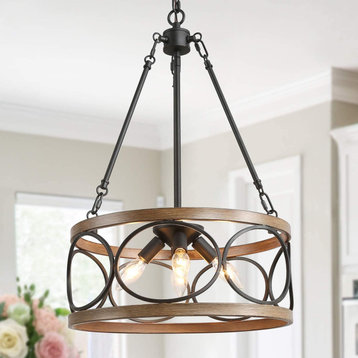 Farmhouse Drum Chandelier, Modern Faux Wood Light Fixture for Dining Rooms