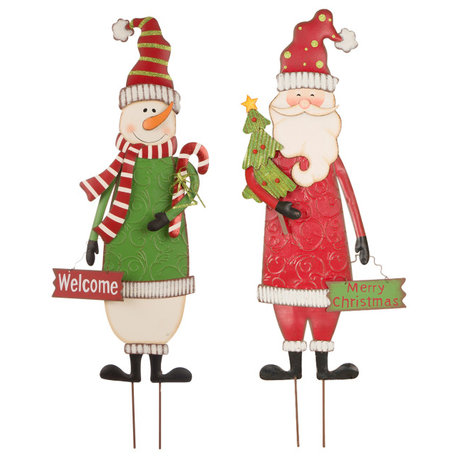 2-Piece Metal Snowman and Santa Decor