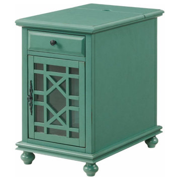 Classic End Table, Glass Paneled Patterned Door & Inner USB Ports, Antique Teal