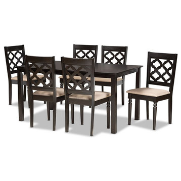 Baxton Studio Sand Fabric Upholstered and Brown Finished Wood 7-Piece Dining Set