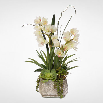 Real Touch White Cymbidium Orchids With Artificial Succulents in Concrete Pot