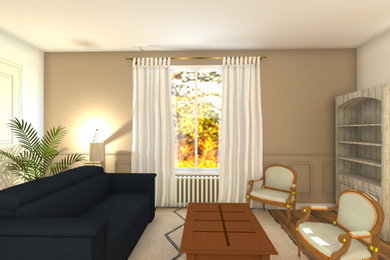 Exemple d'un grand salon beige et blanc chic avec un mur beige, parquet clair, un manteau de cheminée en plâtre et un téléviseur encastré.