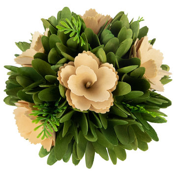 9" Tan Poppy Wooden Flower Standing Bouquet Bundle with Green Foliage