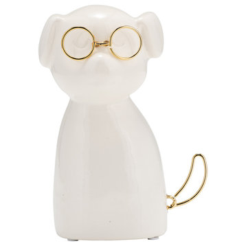 Cer 7"H, Puppy With Gold Glasses, White