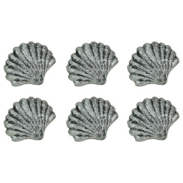 Set of 6 Silver Cast Iron Scallop Sea Shell Drawer Pulls Nautical Cabinet Knobs