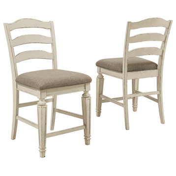Fabric Upholstered Barstool With Ladder Back, Set Of 2, White And Brown