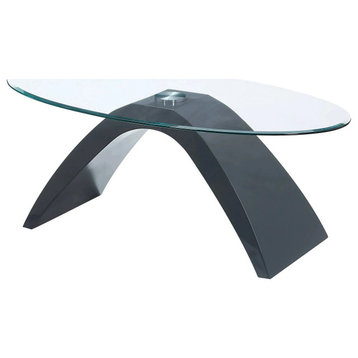 Contemporary Coffee Table, Unique Curved Abstract Base and Clear Glass Top, Gray