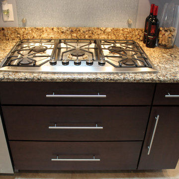 Transitional Cherry Kitchen with Tempered Rain Glass Backsplash