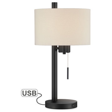 23-in Black Modern Table Lamp With USB Port and White Linen Shade