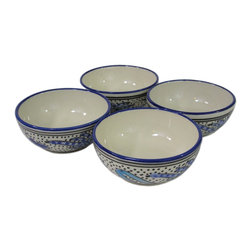 Le Souk Ceramique - Stoneware Deep Sauce/Ice Cream Bowls, Set of 4, Aqua Fish Design - Serving And Salad Bowls