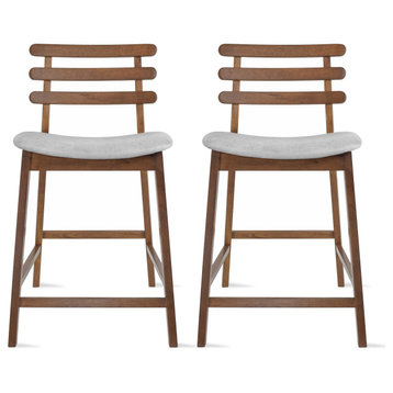 Dark Brown Wood Wooden With Ladder Back Cushion Counter Height Stools, Set of 2, Gray