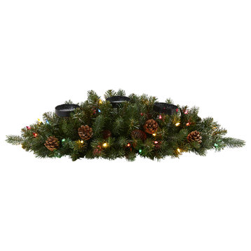 30" Flocked & Glittered Faux Xmas Triple Candelabrum With 35 Lights & Pine Cones