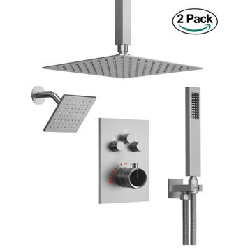 Dual Heads Shower System 12" Rain Shower Head with 3 Way Thermostatic Faucet, Set of 2 Brushed Nickel