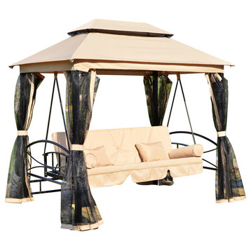 Outdoor 3 Person Patio Daybed Canopy Gazebo Swing - Tan with Mesh Walls