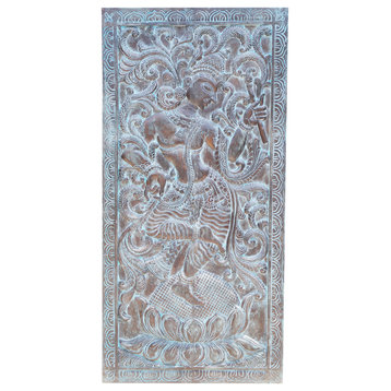 Consigned Vintage Blue Krishna Fluting Carving, Barn Door Panel,Sculpture Panel