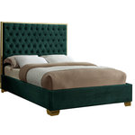 Meridian Furniture - Lana Velvet Bed, Green, Queen - Make the Lana green velvet bed part of your dream bedroom setup. This bed has all of the bells and whistles you want, including a super tall headboard that stands nearly five-feet tall. The bed is covered in green velvet fabric for a luxe look, and it's deeply tufted for added luxuriousness. The headboard is soft and welcoming against your back and head as you read or watch TV in bed, and the bed rests on gold legs for dependable sturdiness and durability. Use it without a box spring or foundation, since the slats are included.