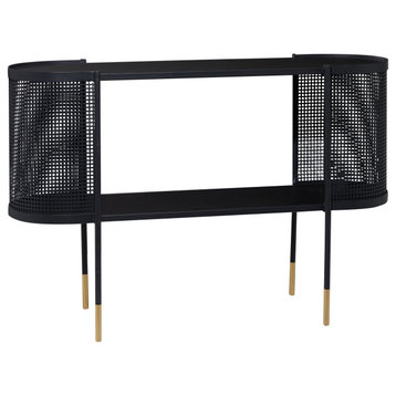 Modern Console Table, Oval Open Design With Mesh Accents & Golden Feet, Black