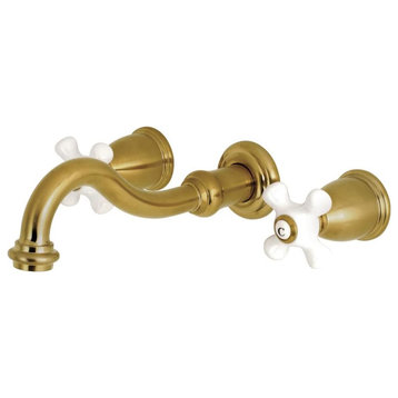 Wall Mounted Bathroom Faucet, 2 Elegant Crossed White Handles, Brushed Brass