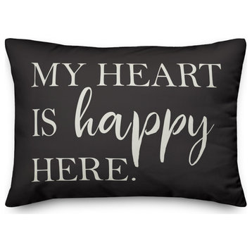 Heart is Happy Here on Black 14x20 Indoor/Outdoor Pillow