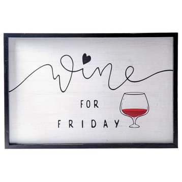 Rectangle Wood Wall Art with "Wine for Friday" Writing Painted White Finish