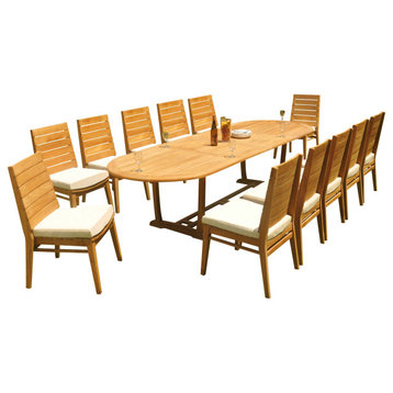 13-Piece Outdoor Teak Dining Set: 117" Masc Oval Table, 12 Char Stacking Chairs