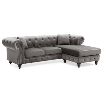 Nola 98 in. Velvet L-Shape 3-Seater Sofa With 2-Throw Pillow, Dark Gray