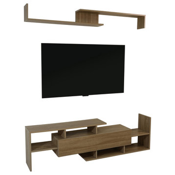 LeisureMod Surrey Modern TV Stand With MDF Shelves and Bookcase, Oak Wood